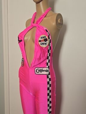 Forplay Hit Pink Cross-Halter Racer Girl Jumpsuit with Checkered Panels - S/M